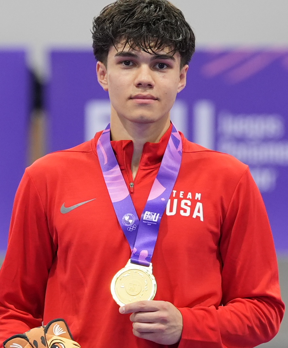 Evangelos Akde on the podium with a gold medal